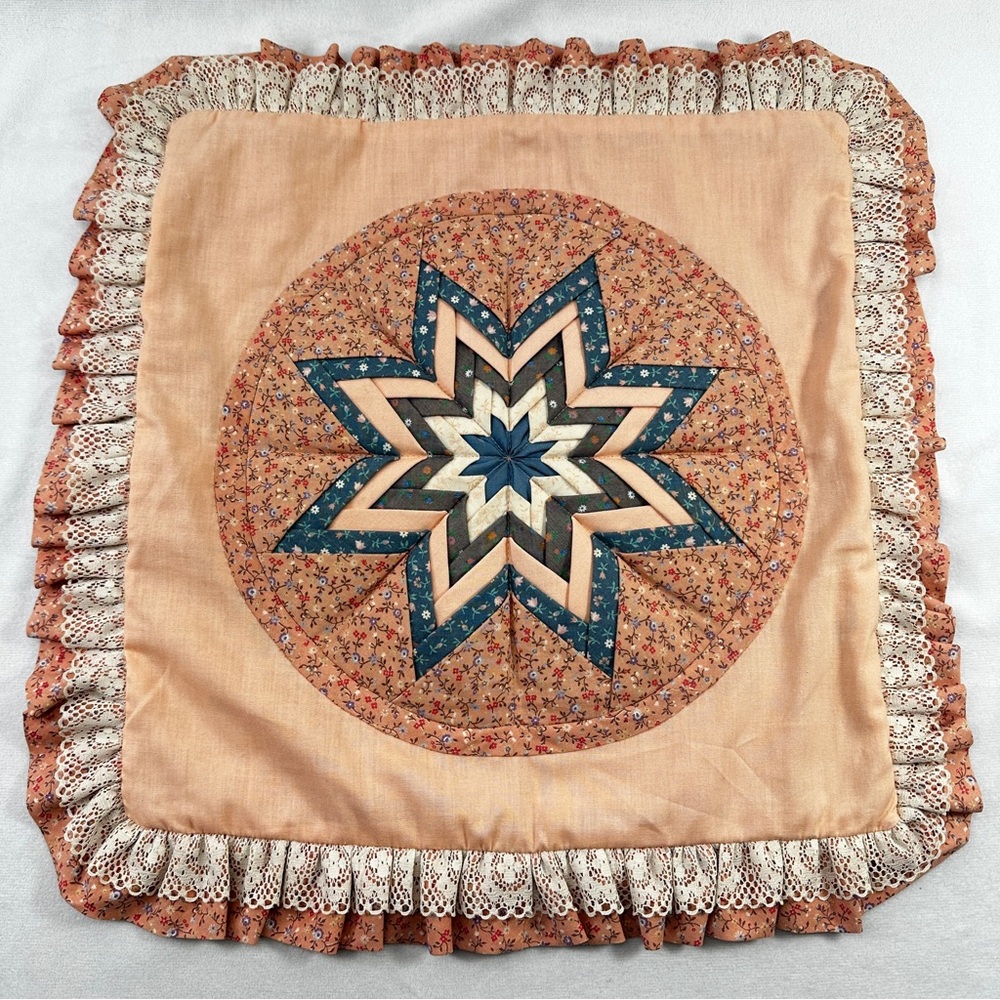 Vintage Pillow Case Cover Handmade Patchwork Pointed Star Pink Ruffle Floral